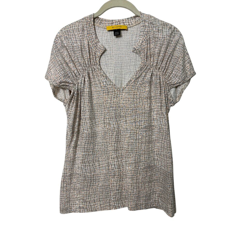 St. John Tan Peach Pattern Short Sleeve V Neck Top Sz Med